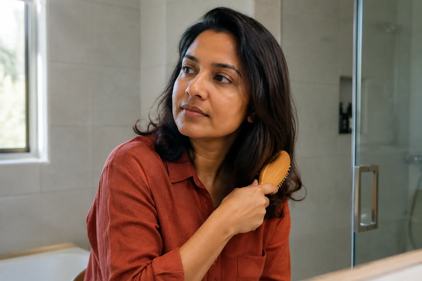 An original fictional adult creator demonstrating a wooden hairbrush.