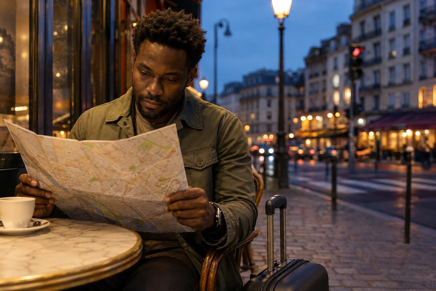 An original fictional adult traveler reading a map at a cafe.