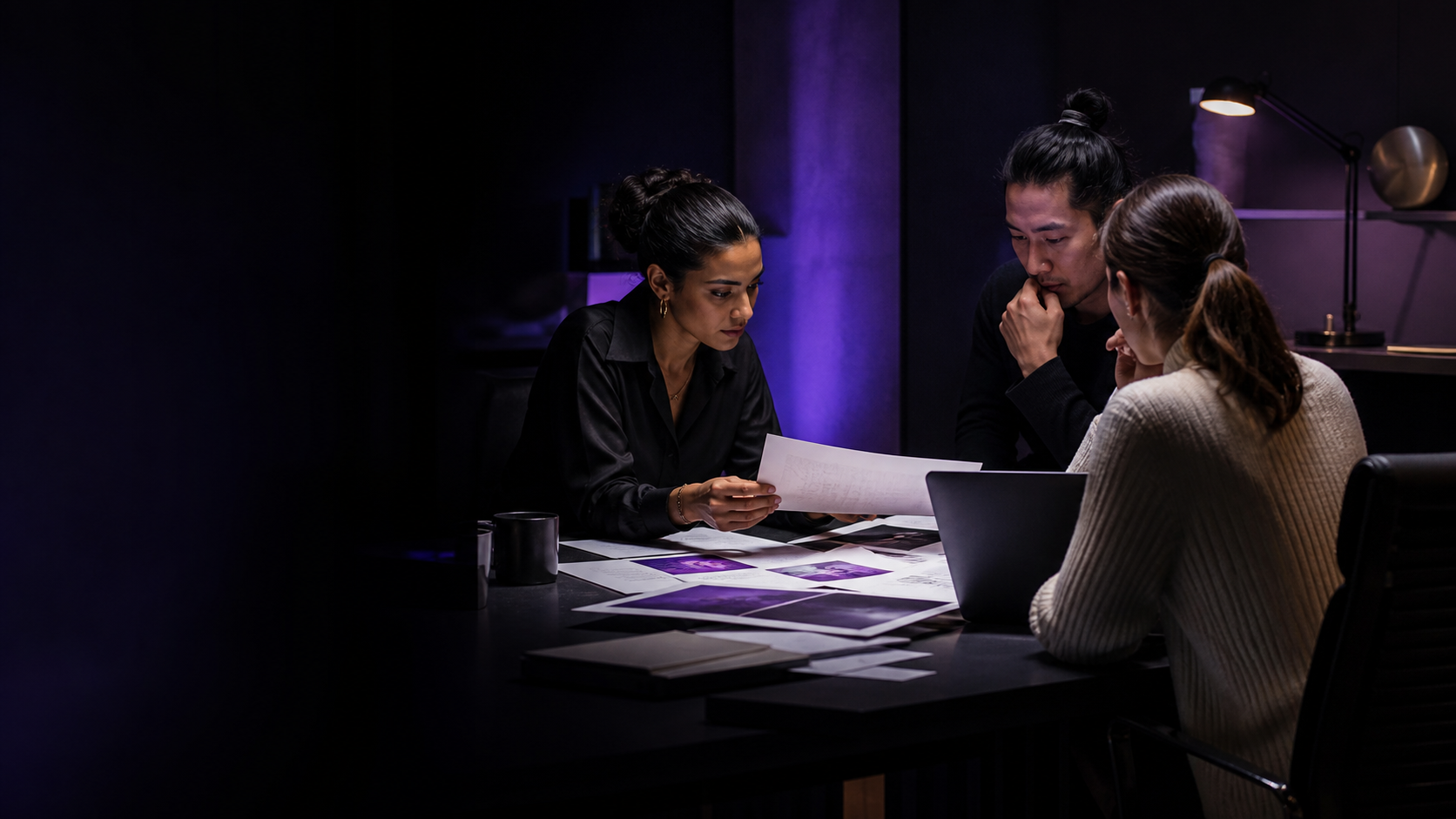 Fictional adult campaign team reviewing AI disclosure and rights-clearance materials in a dark editorial studio.