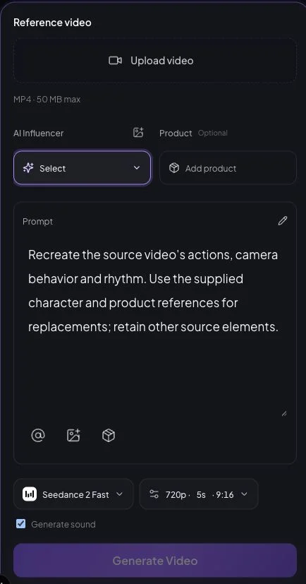 Actual Video Remake input panel before upload, with reference video, AI Influencer, prompt, model, duration, aspect ratio and sound controls.