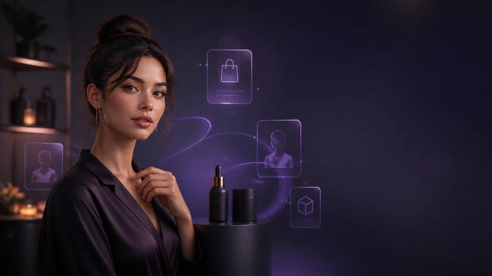 Original editorial illustration of a fictional virtual creator with unbranded e-commerce products and abstract commerce workflow elements.