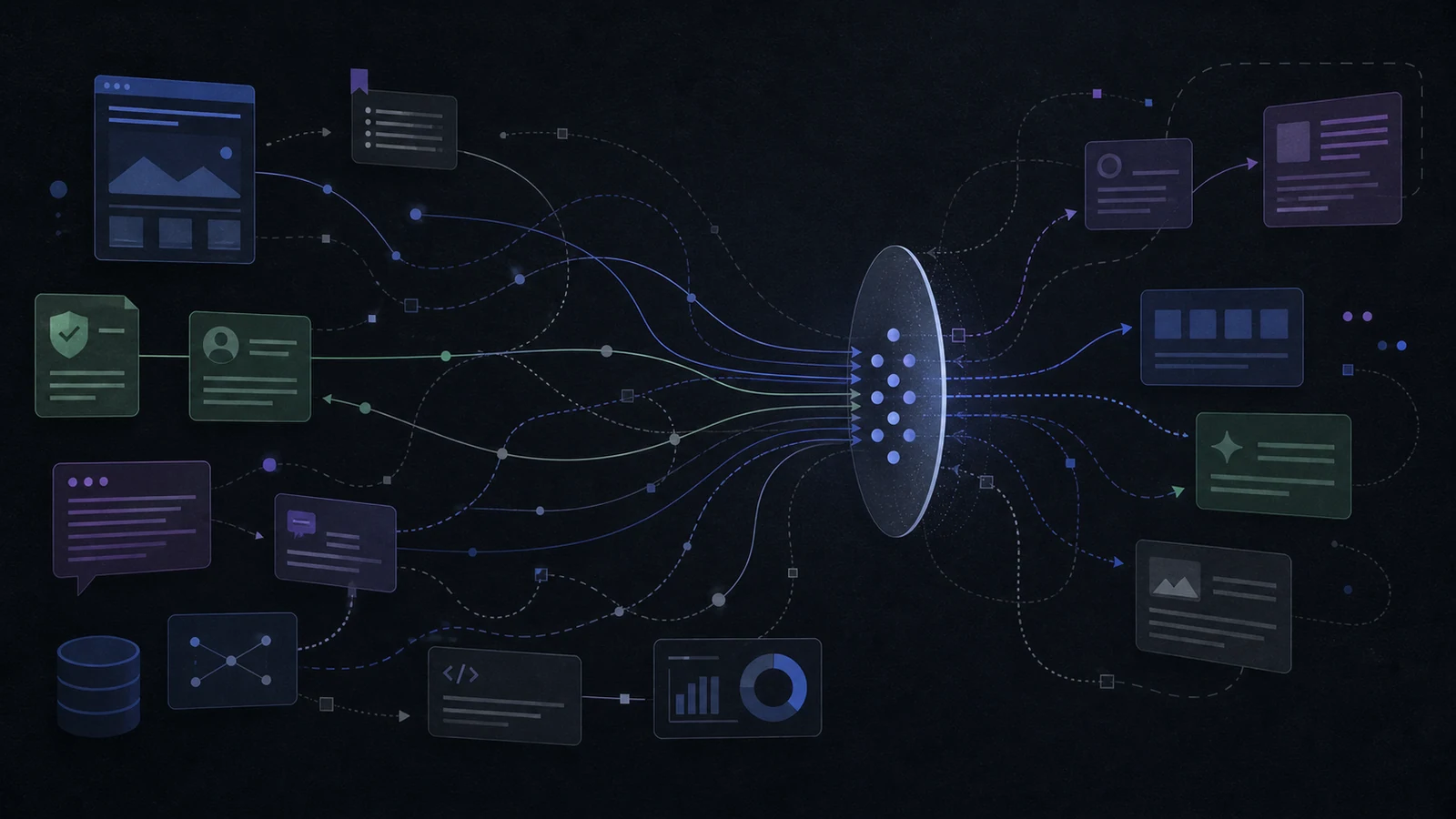 Editorial diagram of independent brand information sources converging into several possible AI answer surfaces.
