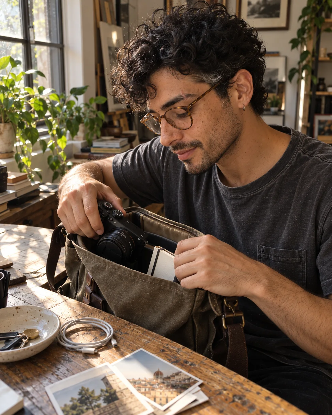 AI editorial illustration of Eli packing a camera and notebook into a canvas bag