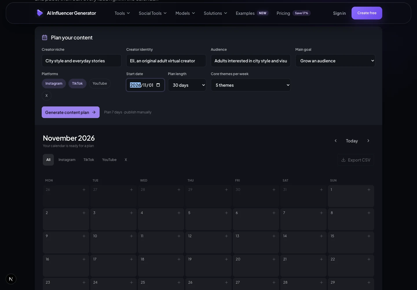 Real AI Influencer Content Calendar Generator interface for planning and editing posts