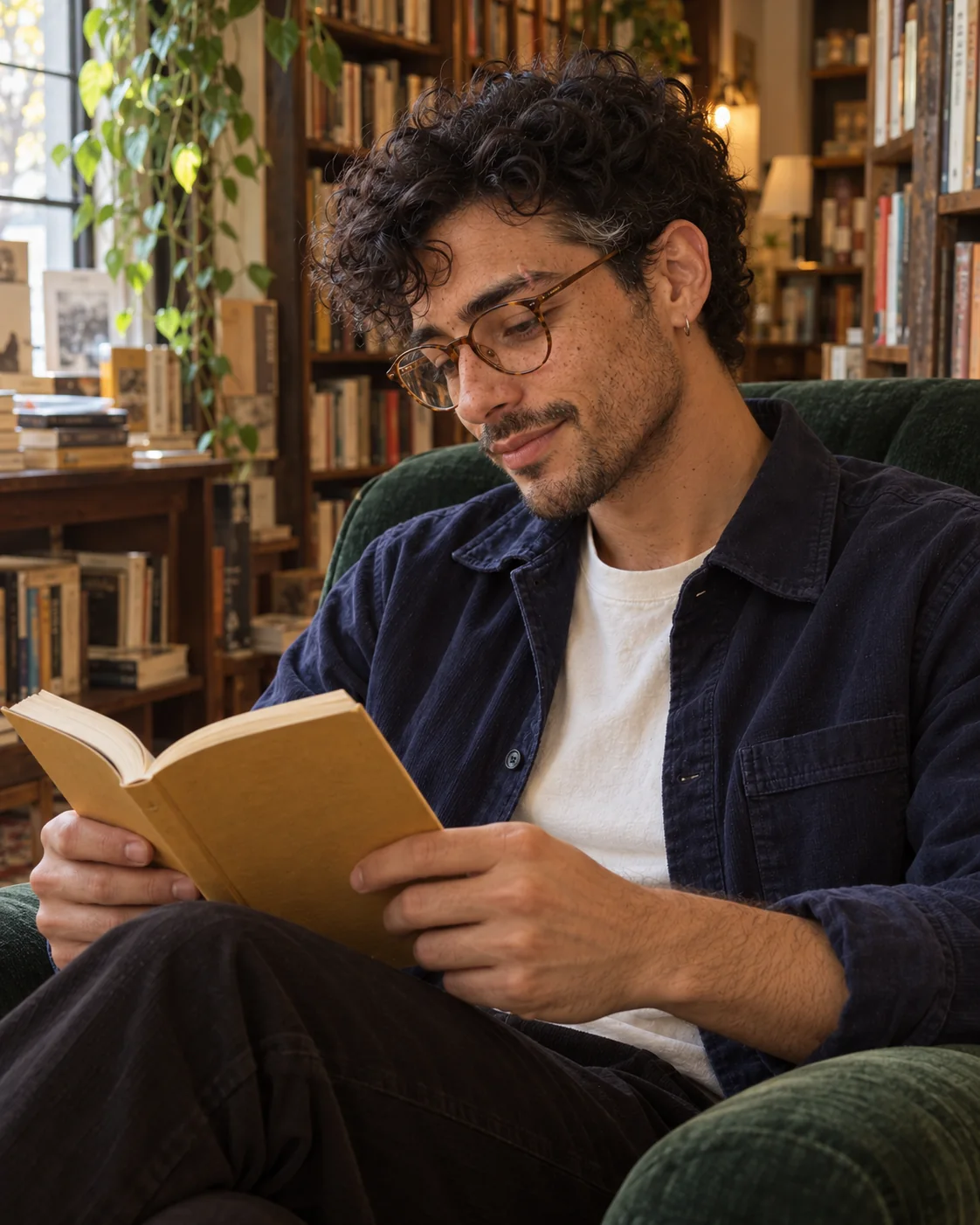 Medium carousel frame of the same character reading in a green bookshop chair