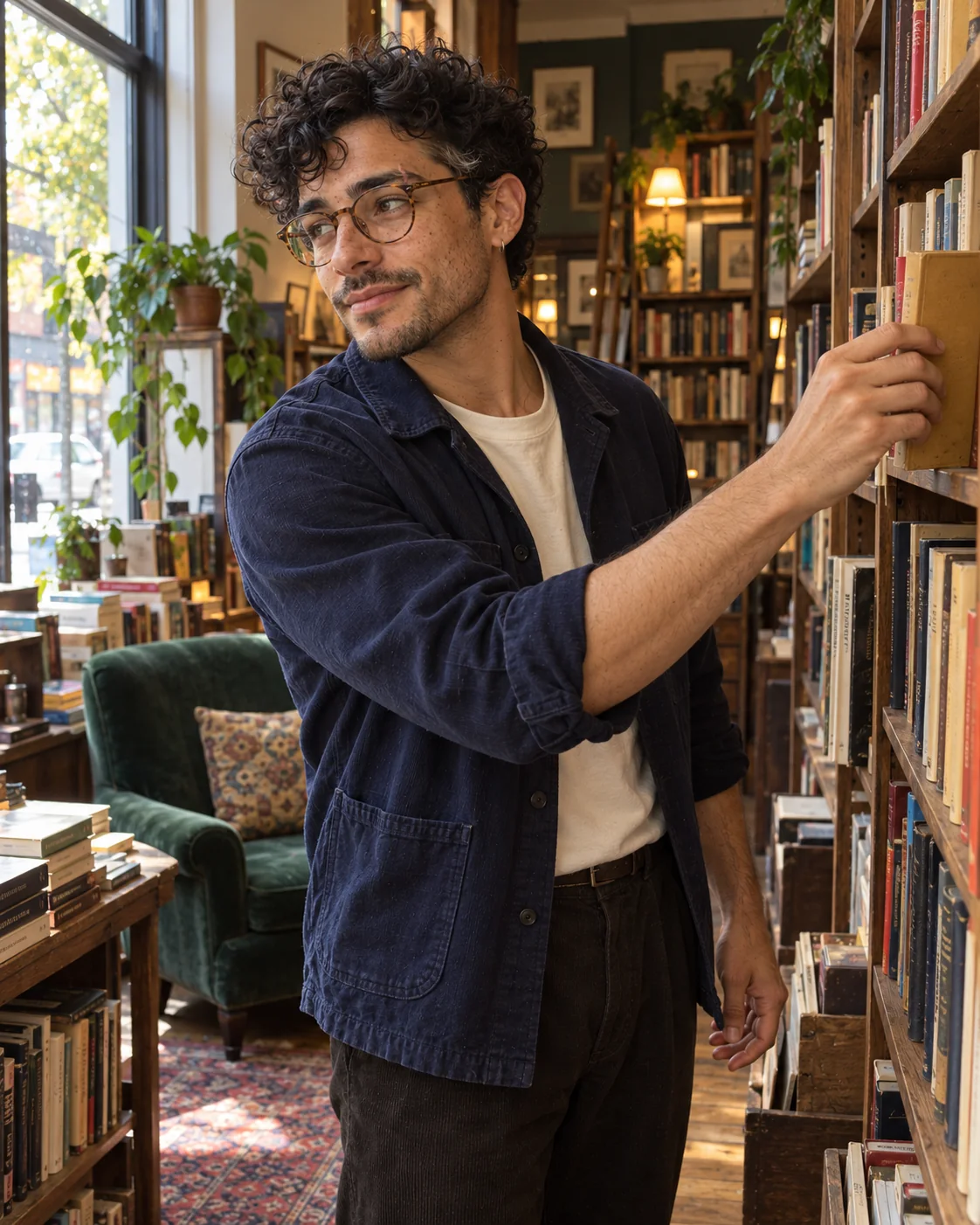 Environmental bookshop carousel frame of Eli choosing an ochre paperback