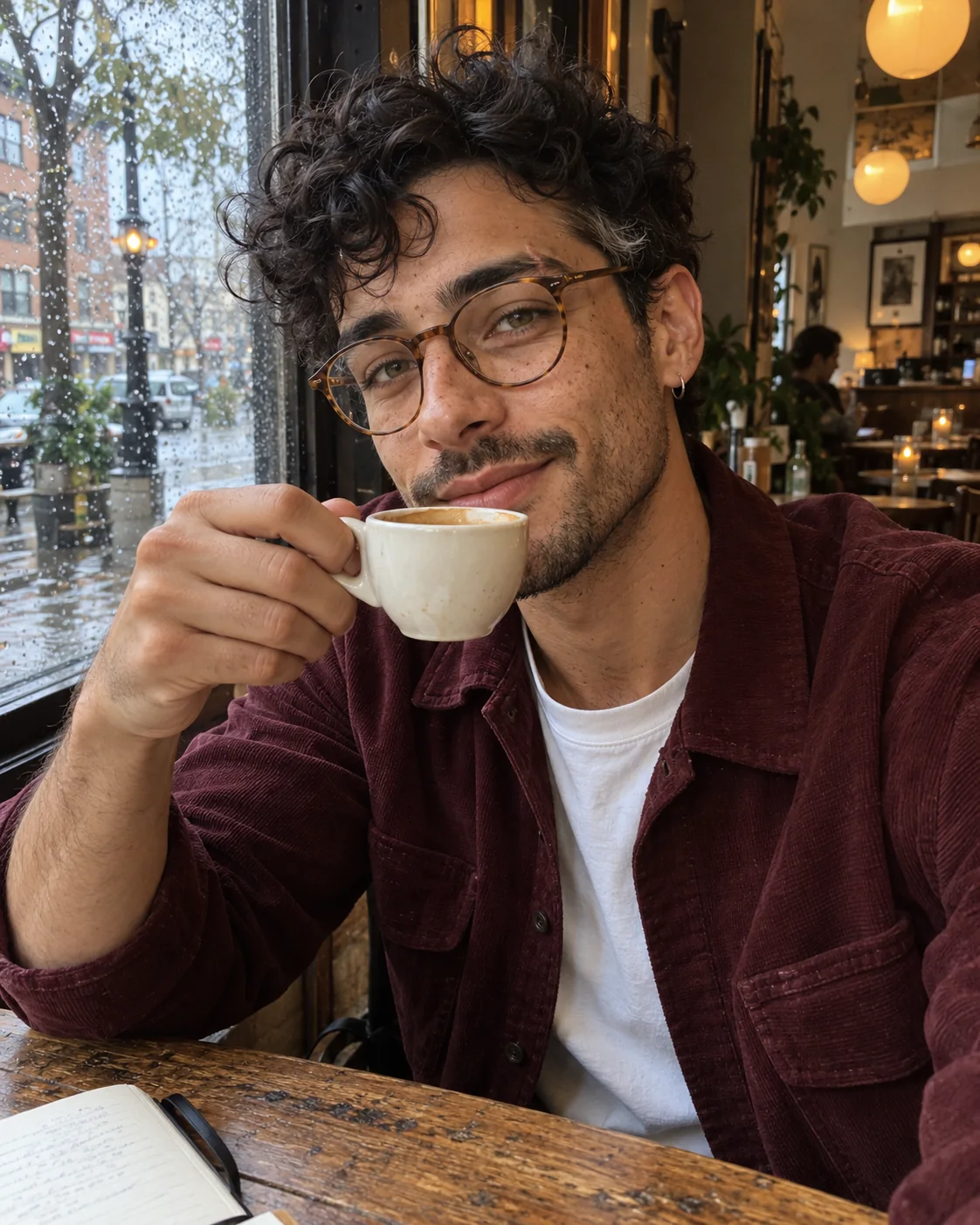 Original adult virtual creator Eli taking a cafe selfie while holding an espresso cup