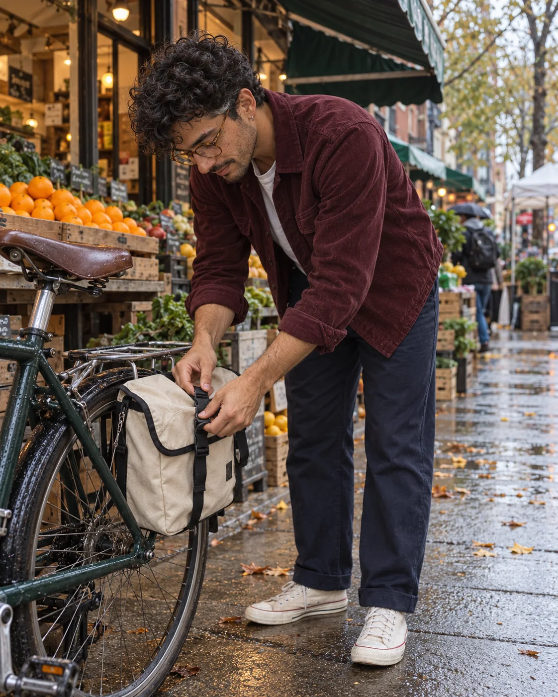 Eli fastening a bicycle pannier outside a market in a fictional day-in-the-life scene