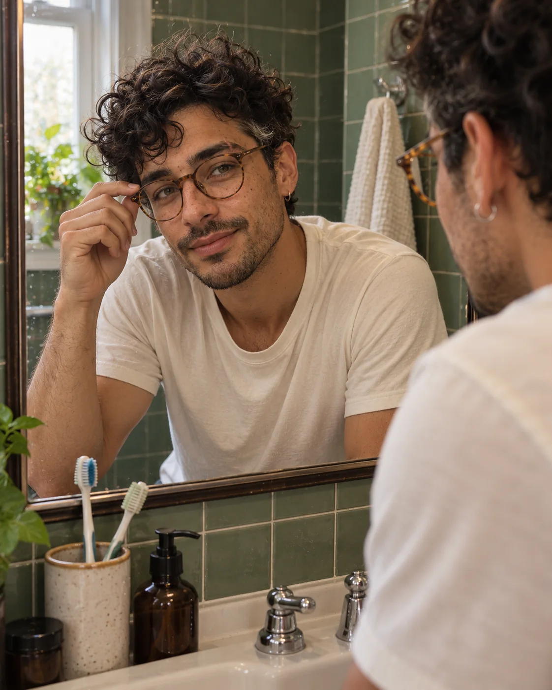 Eli adjusting his tortoiseshell glasses in a bathroom mirror for an AI GRWM scene