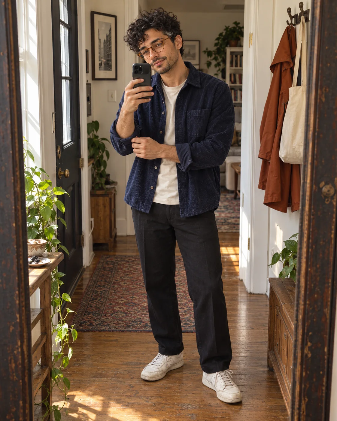 The same AI influencer in an indigo overshirt taking a full-body outfit mirror photo