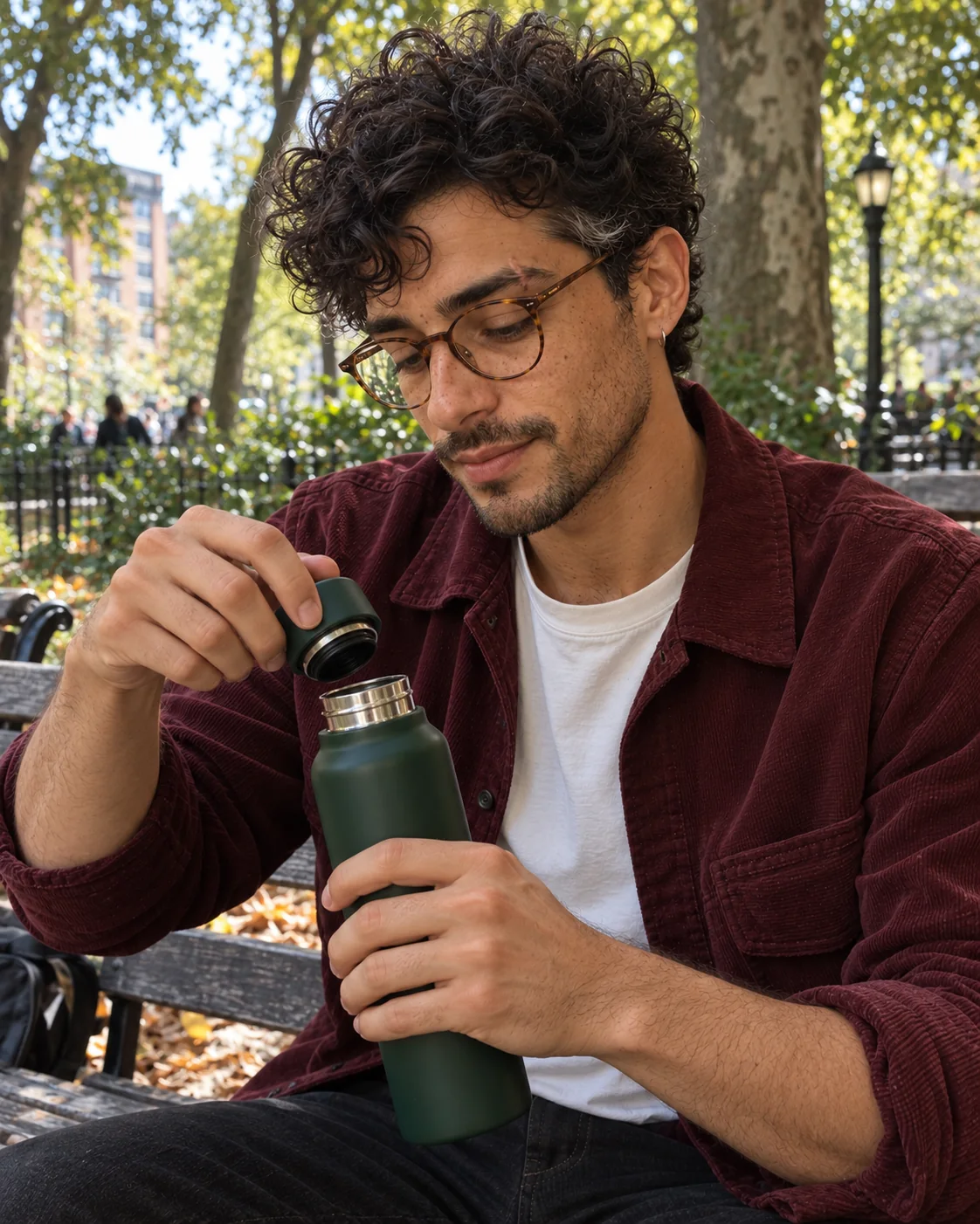Fictional product demonstration of Eli opening an unbranded green reusable bottle