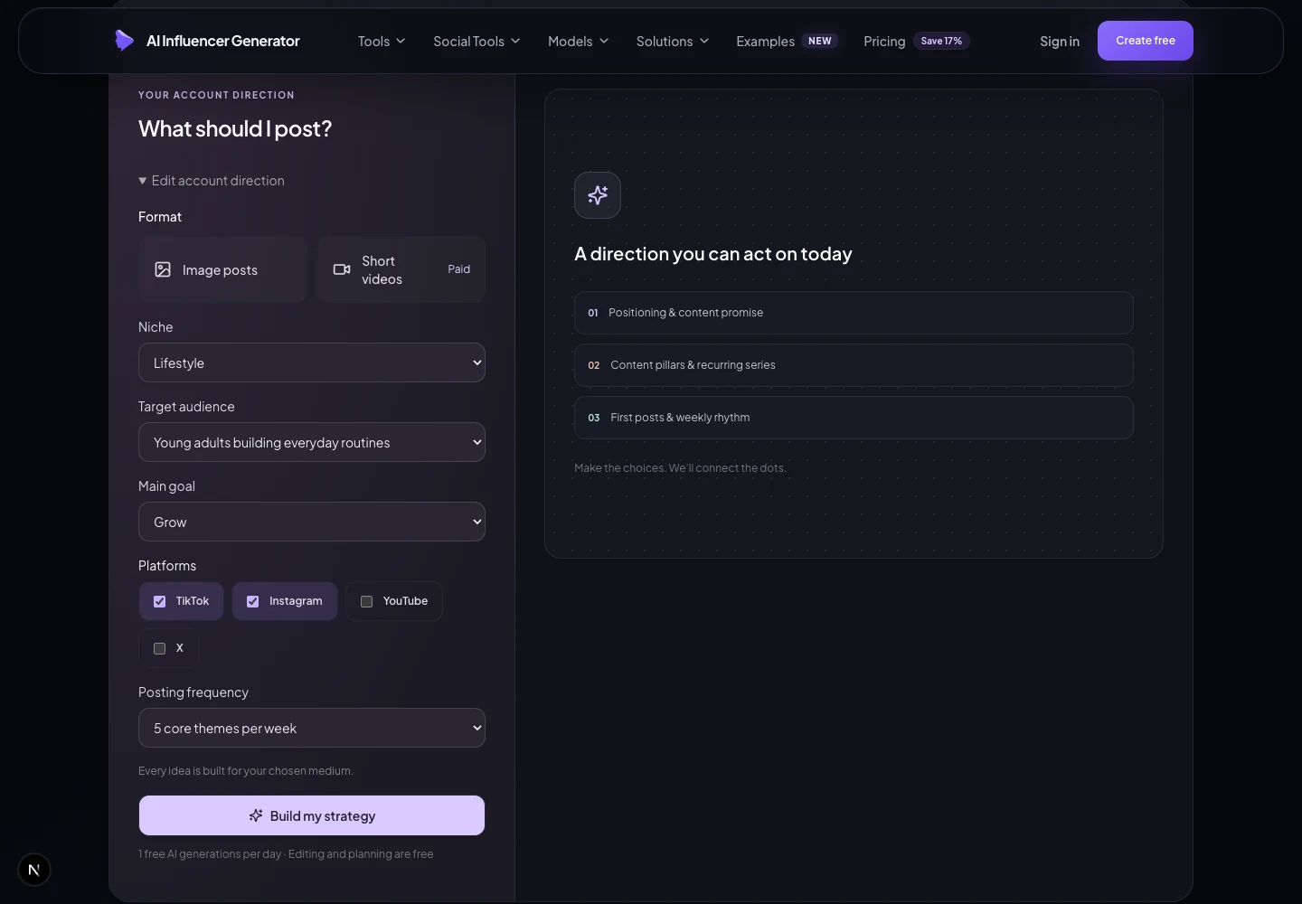 Real AI Influencer Strategy Generator page showing its content strategy planning interface before submission
