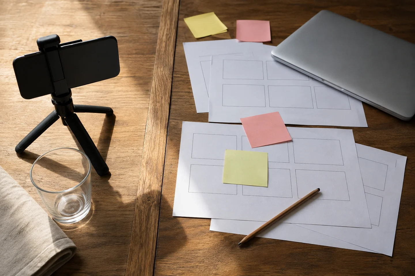 Editorial illustration of filming equipment and storyboard materials arranged for campaign planning.