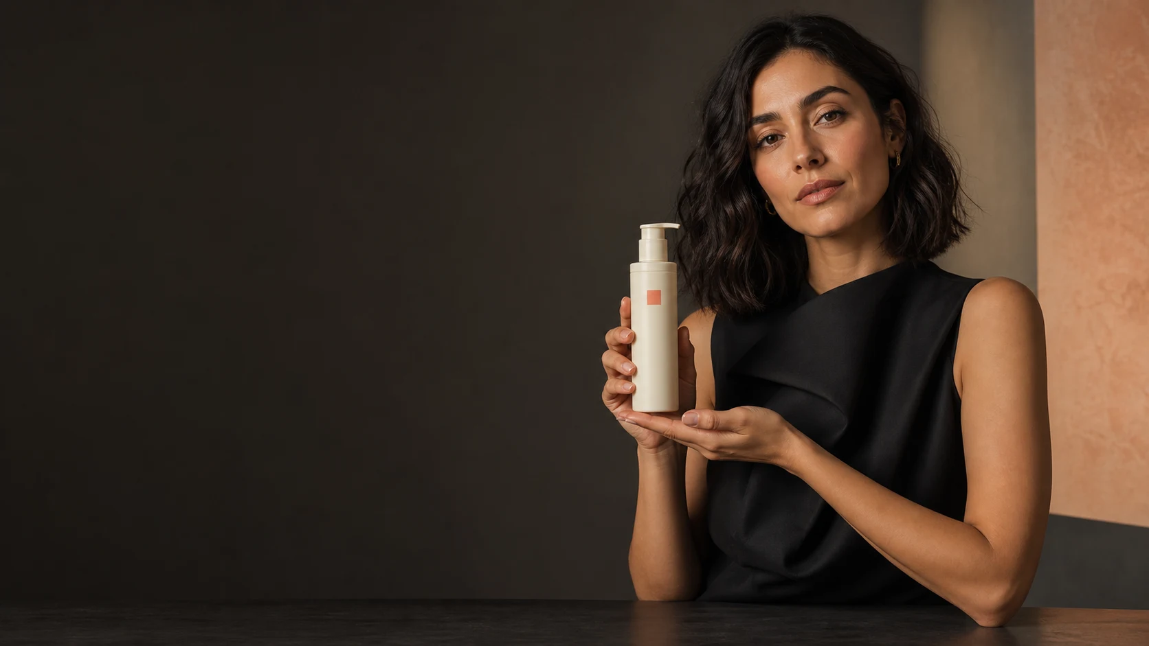 Fictional adult creator presenting one unbranded product in an illustrative ad concept.