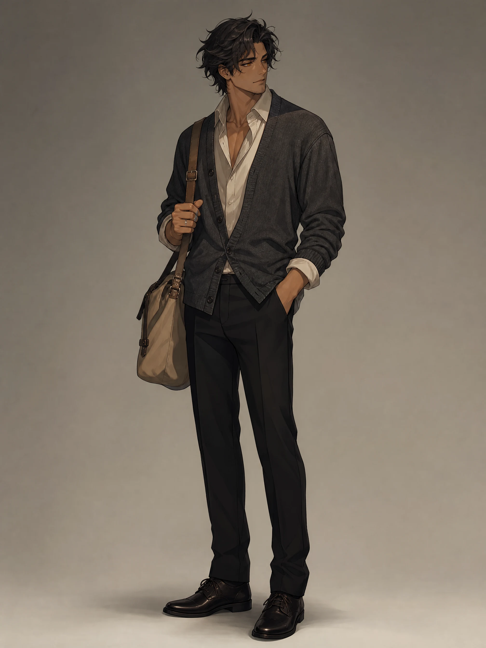 Full-body original handsome adult anime character showing haircut, outfit, accessories, and posture.