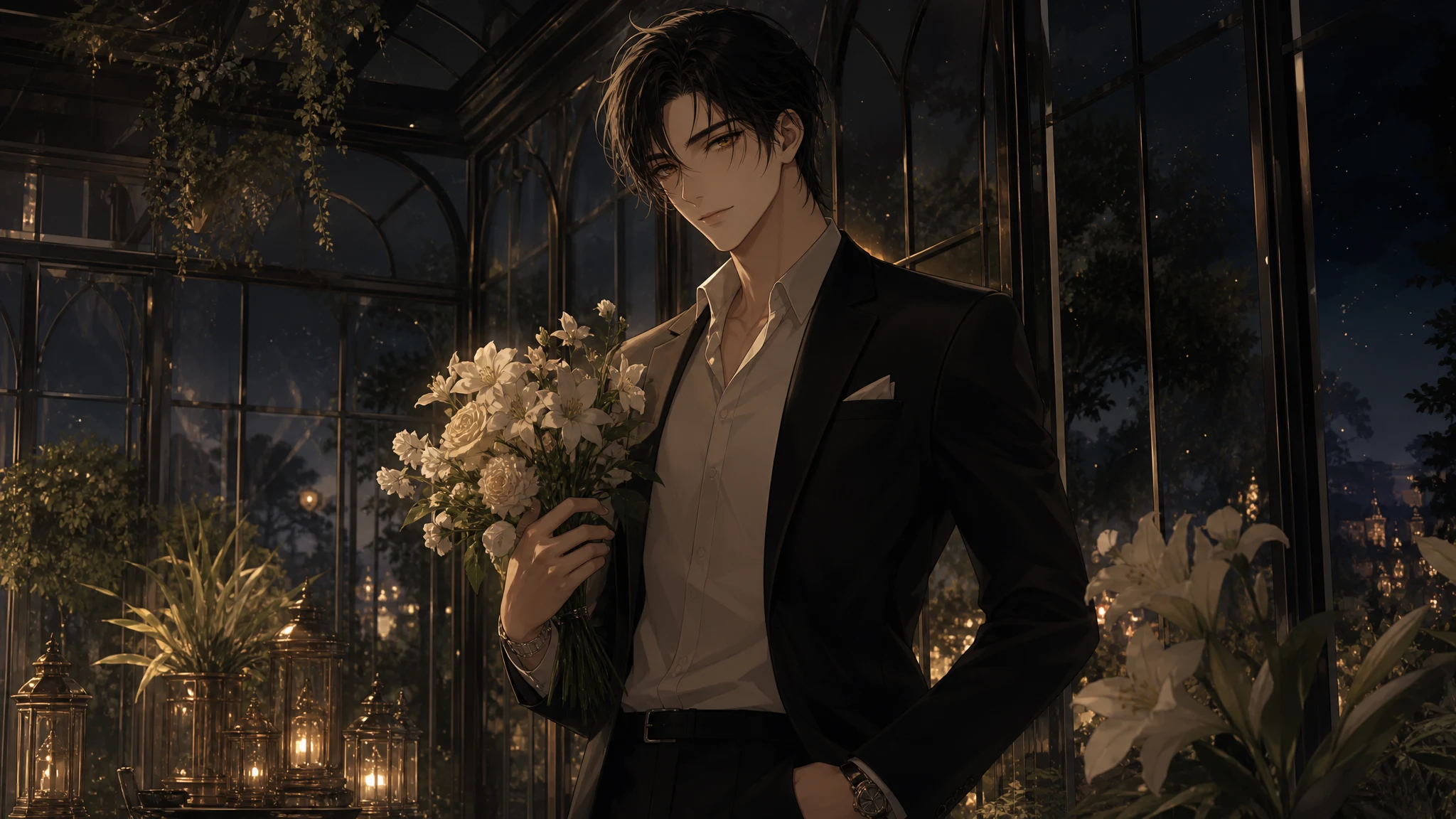 Handsome fictional adult anime man dressed for an elegant evening, holding flowers with a gentle expression.
