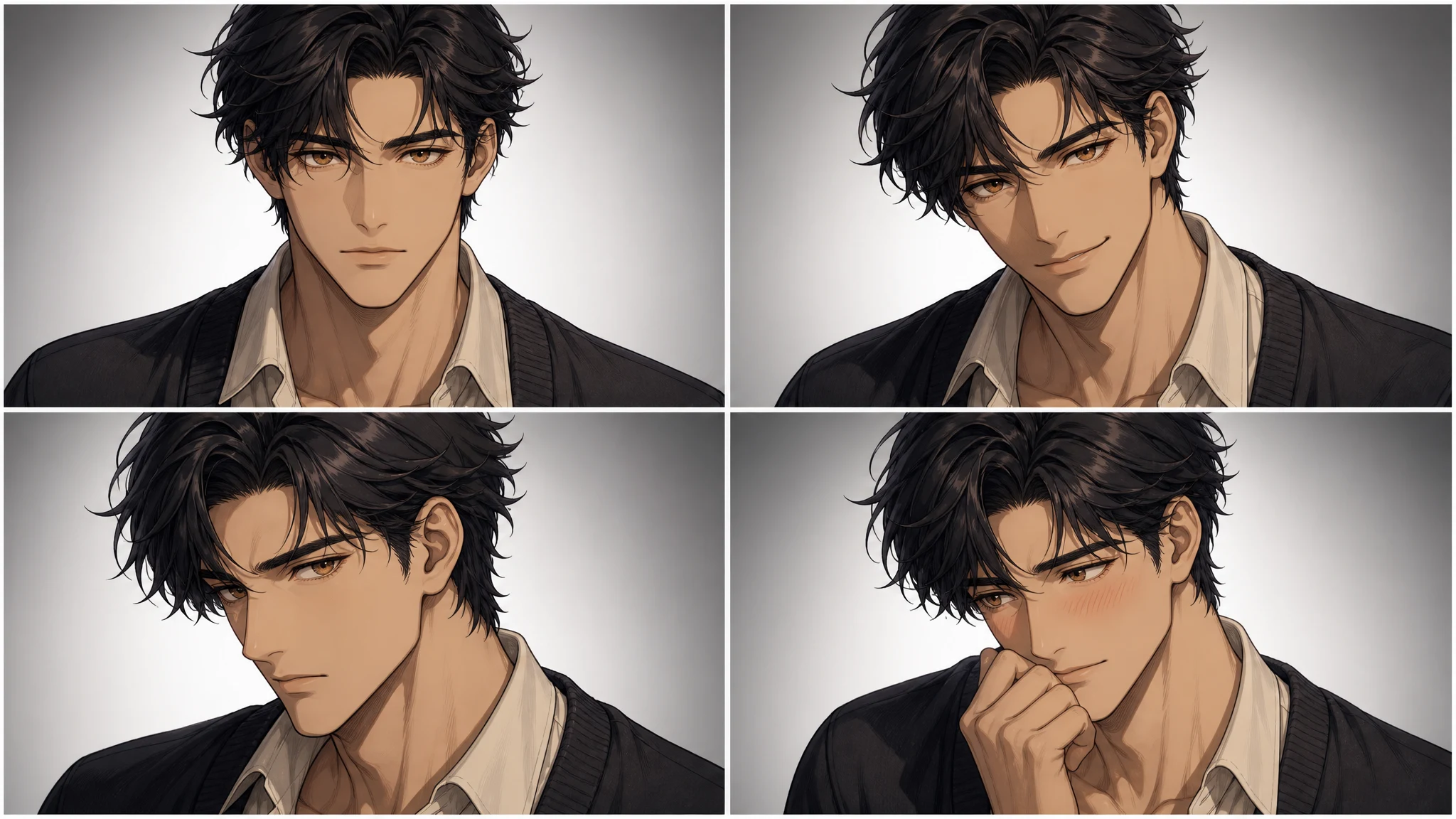 Four original expressions of the same handsome adult anime character: calm, playful, protective, and shy with a blush.