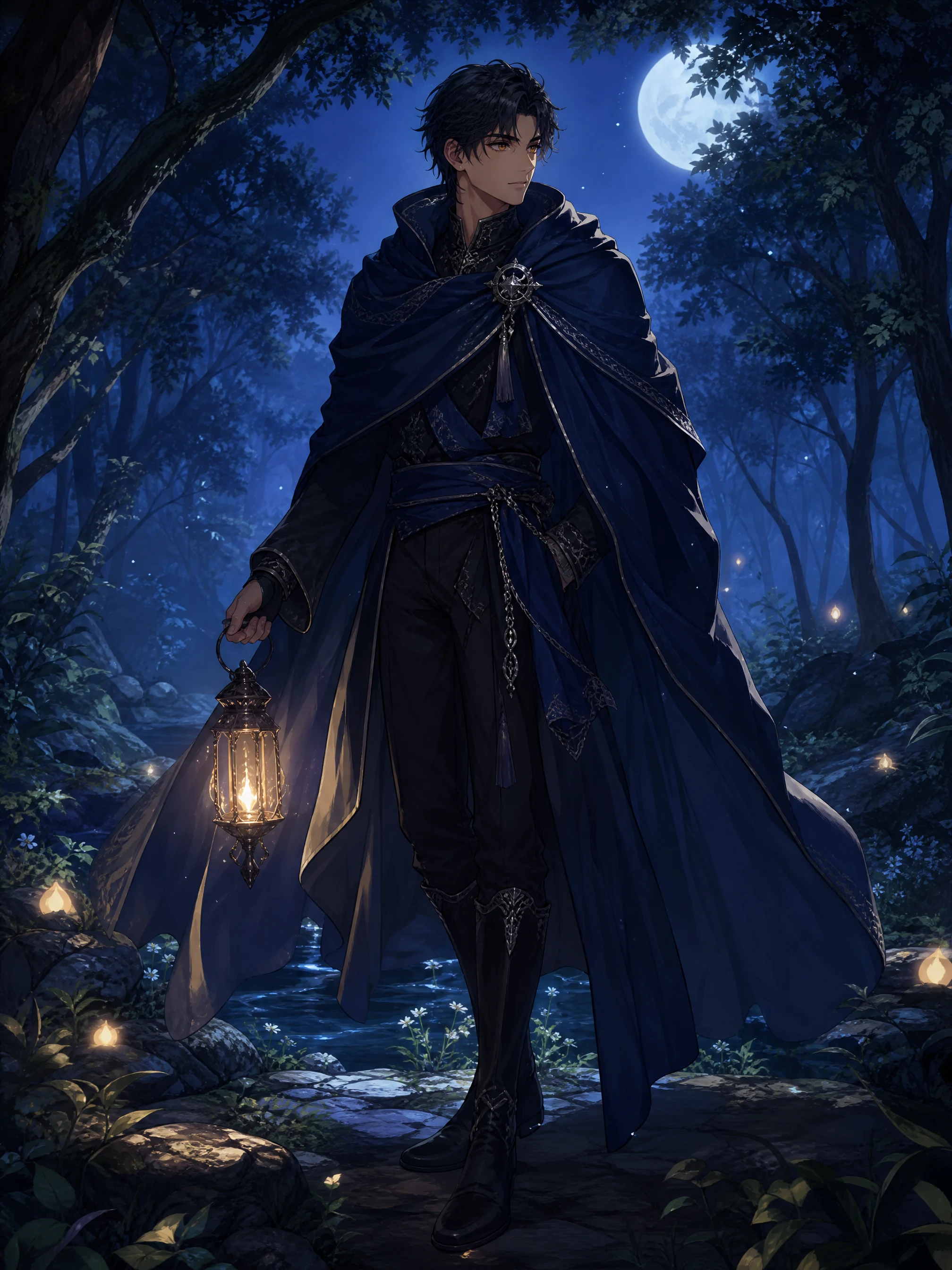 Handsome fictional adult anime guardian in a blue cloak, standing in a quiet moonlit forest.