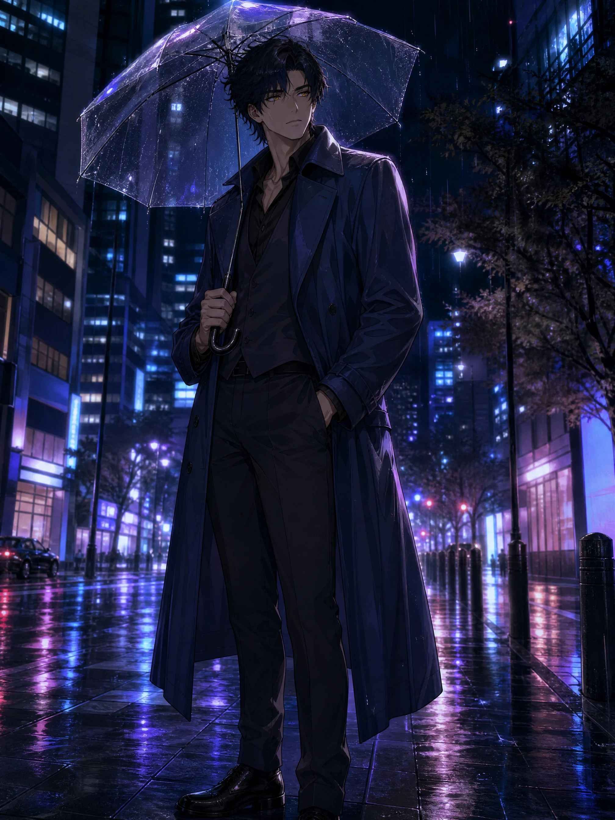 Handsome fictional adult anime man under city rain with a composed, mysterious expression.