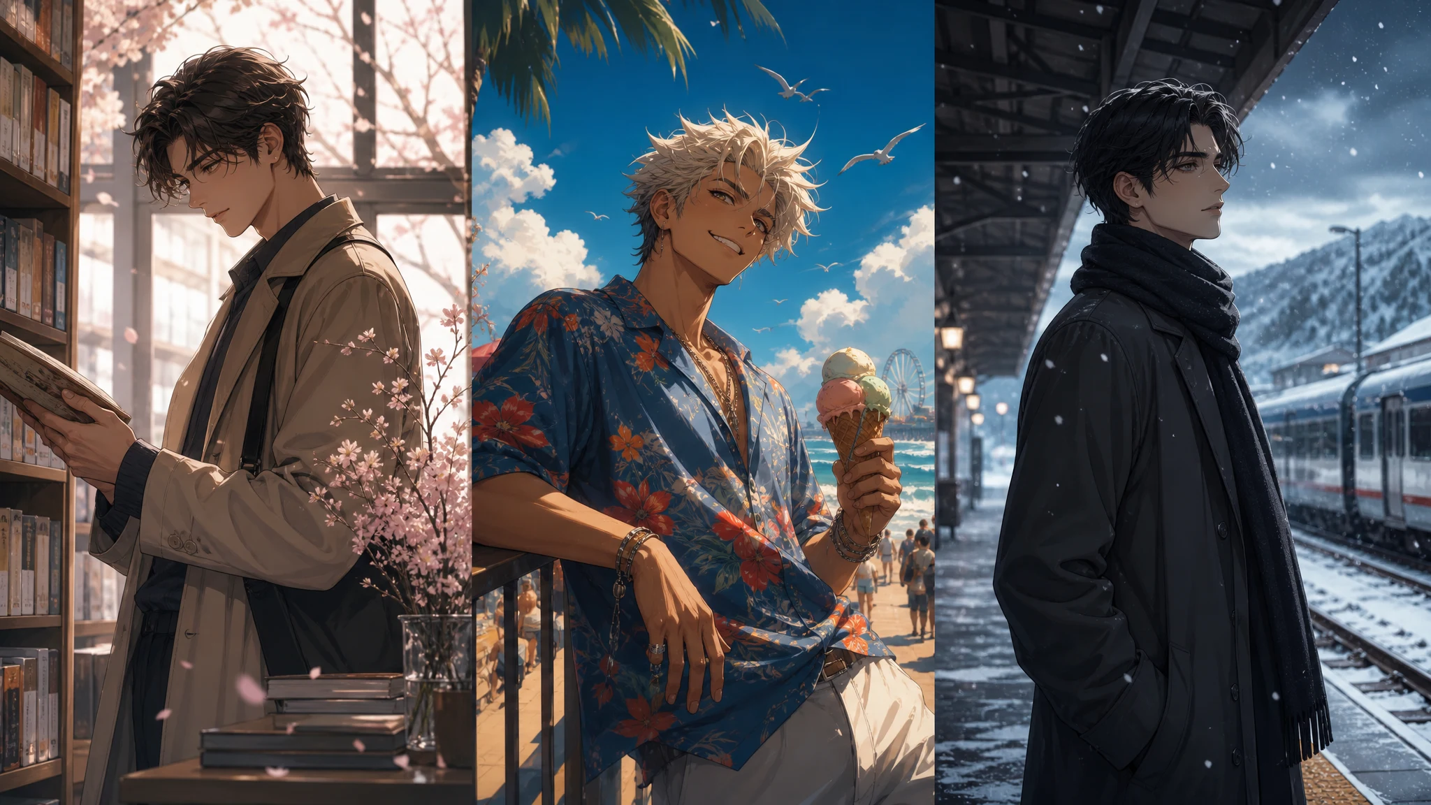 Three distinct original anime scenes of handsome adult men: spring, summer, and winter moods.