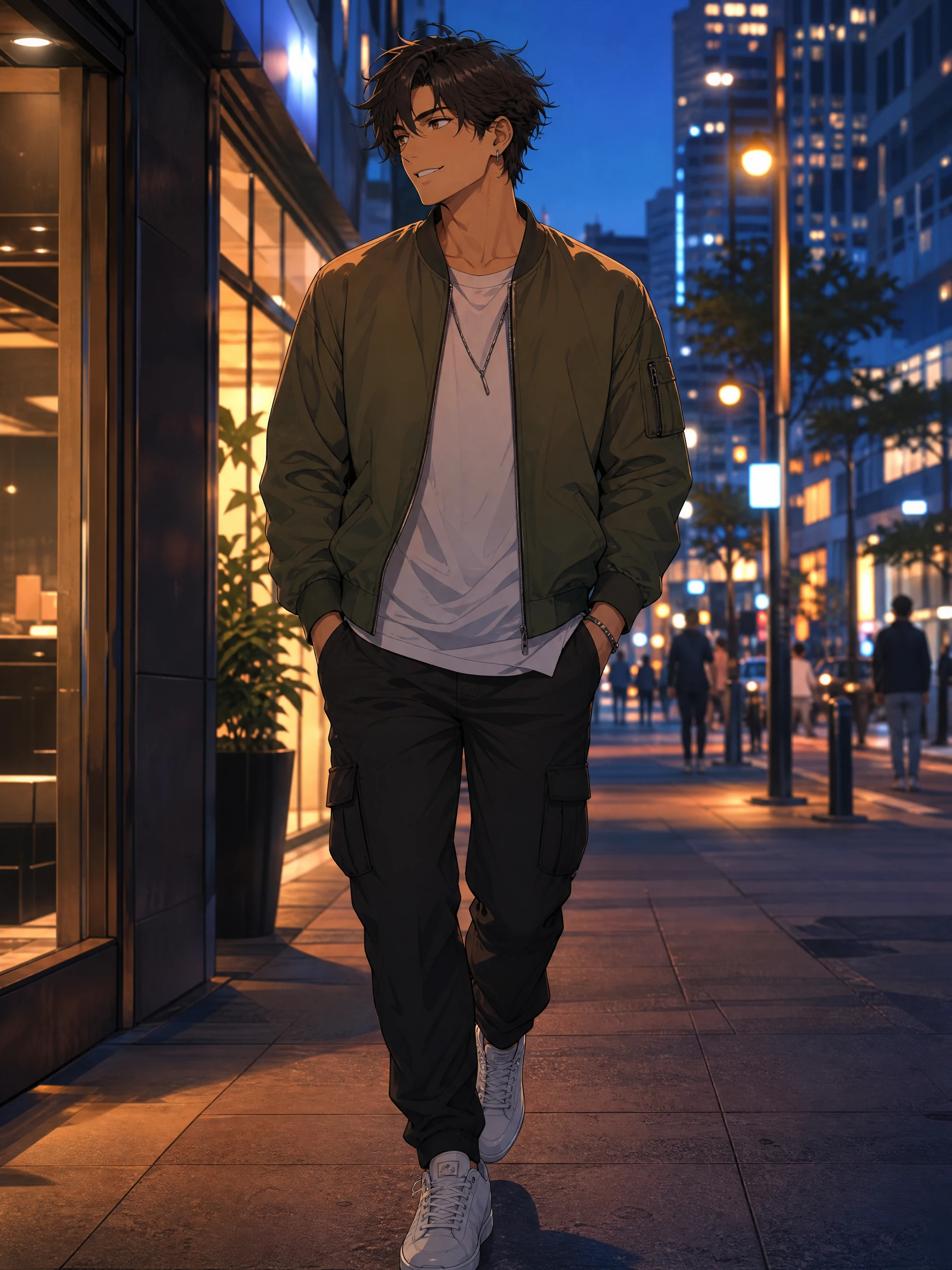 Handsome fictional adult anime man in expressive streetwear, smiling on a city evening walk.