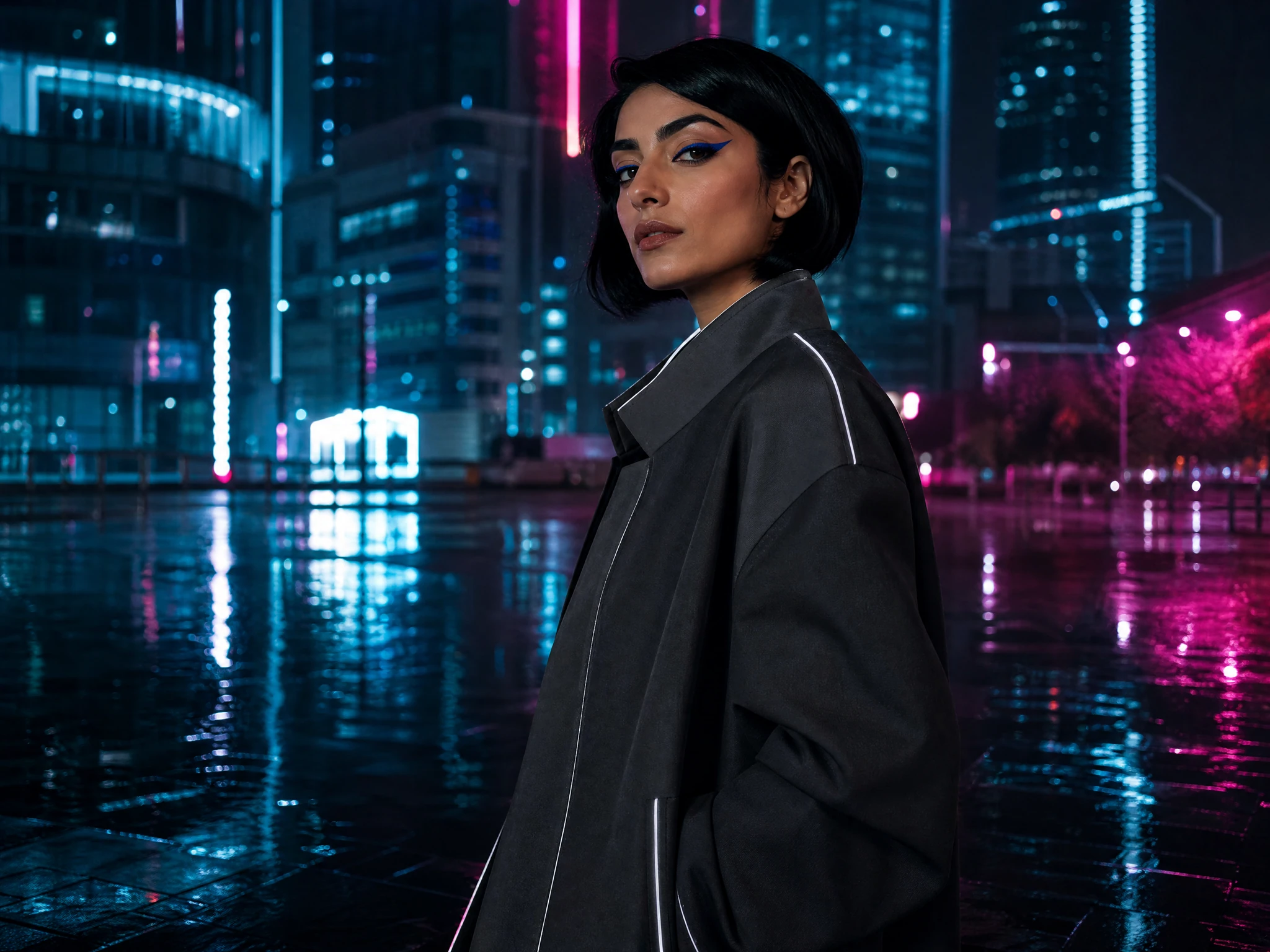 Original fictional adult woman in a restrained cyber-inspired night city scene.