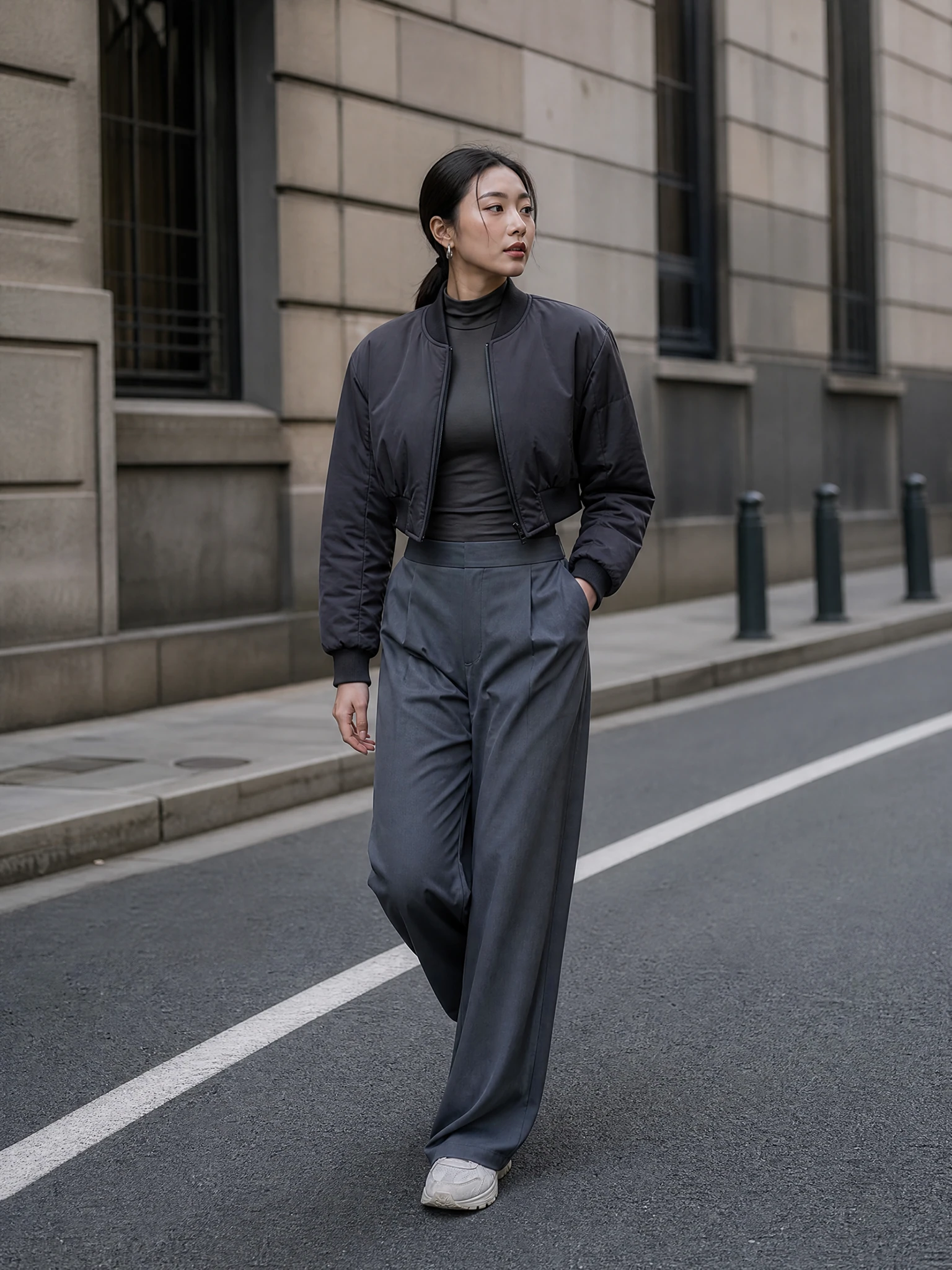 Original fictional adult woman in a full-body downtown streetwear look.