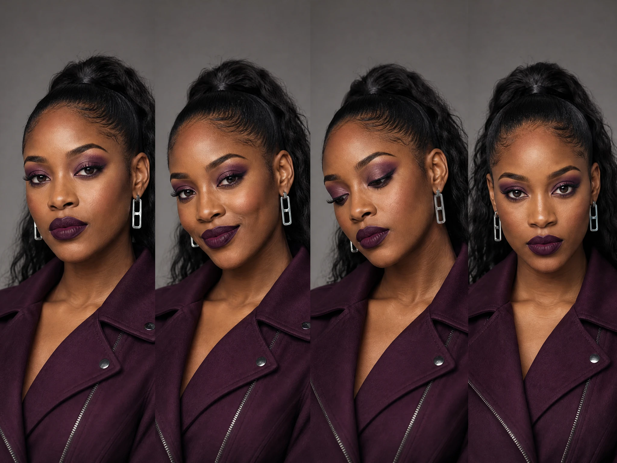 Four editorial portraits of one fictional adult character showing distinct visible expressions.