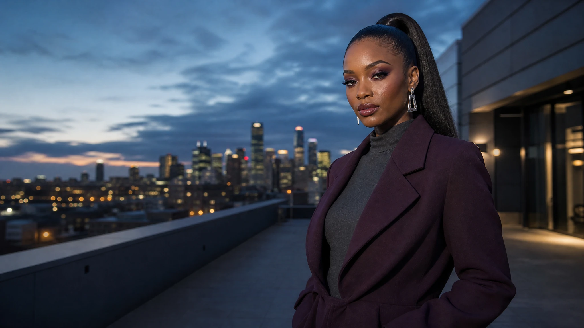 Original fictional adult woman in a confident plum-and-silver fashion editorial scene.