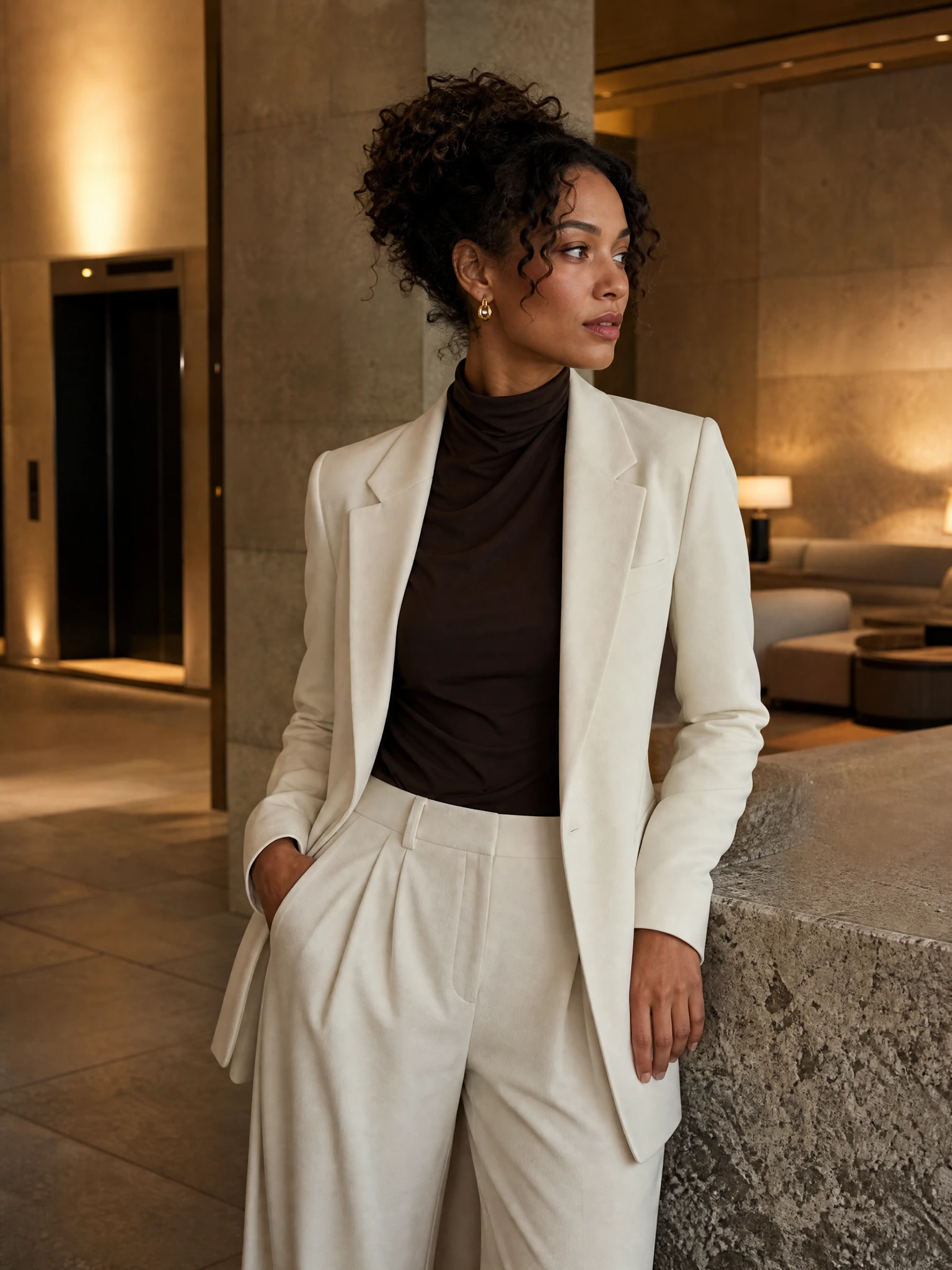 Original fictional adult woman in an unbranded luxury-neutral evening look.