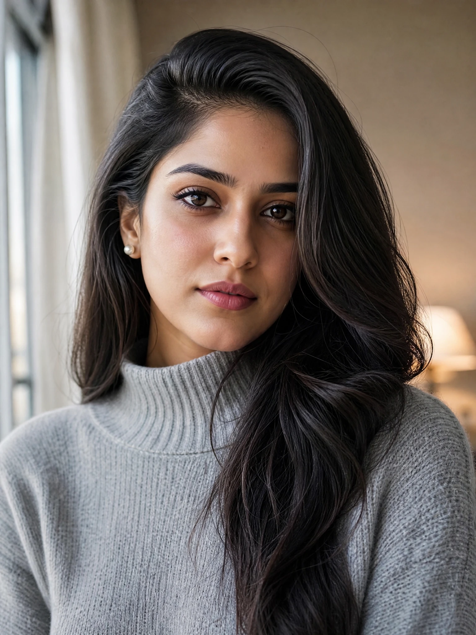 Original fictional adult woman in a soft-glam close portrait with natural texture.