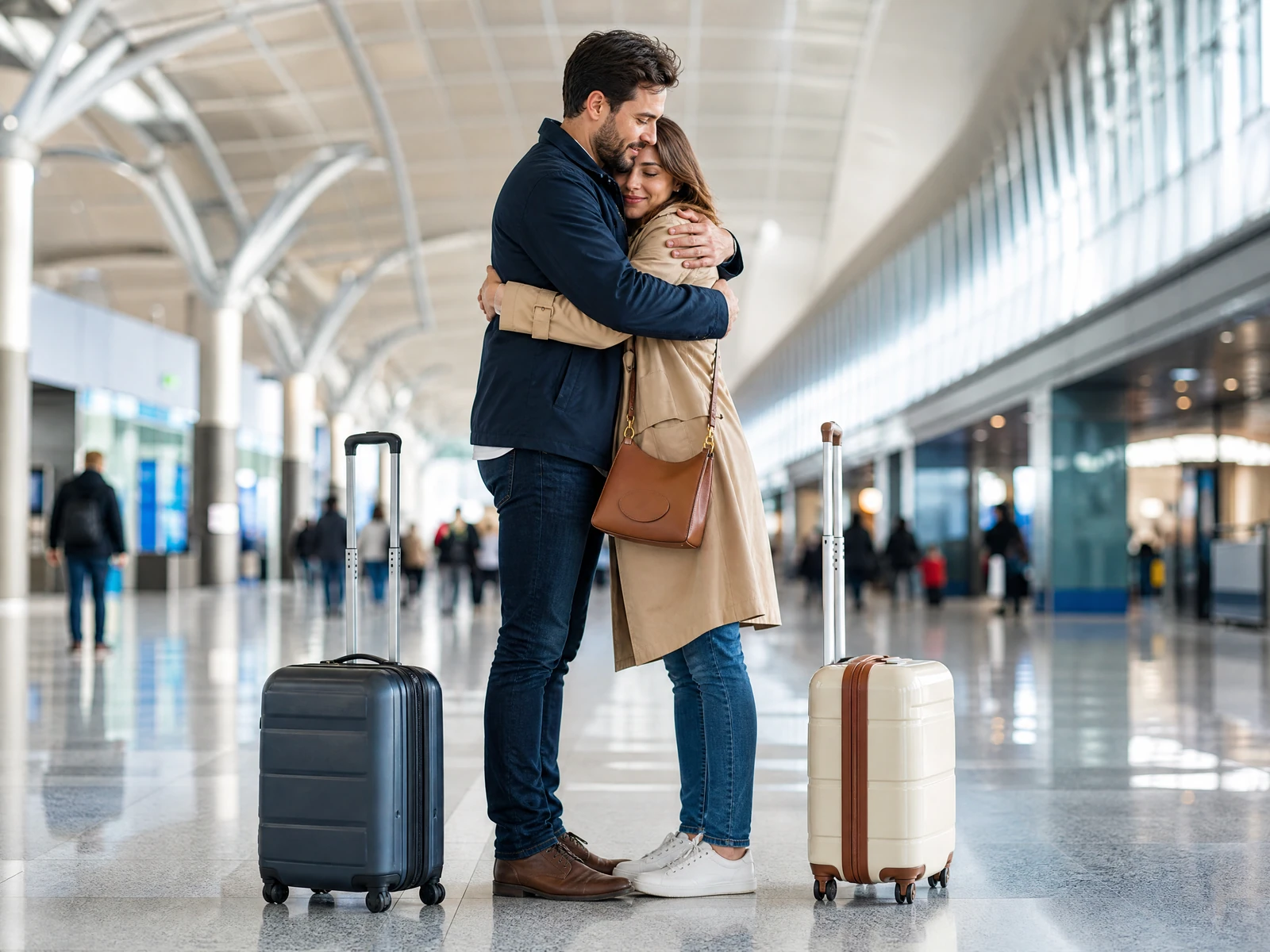 Airport goodbye, shown with an original fictional adult couple