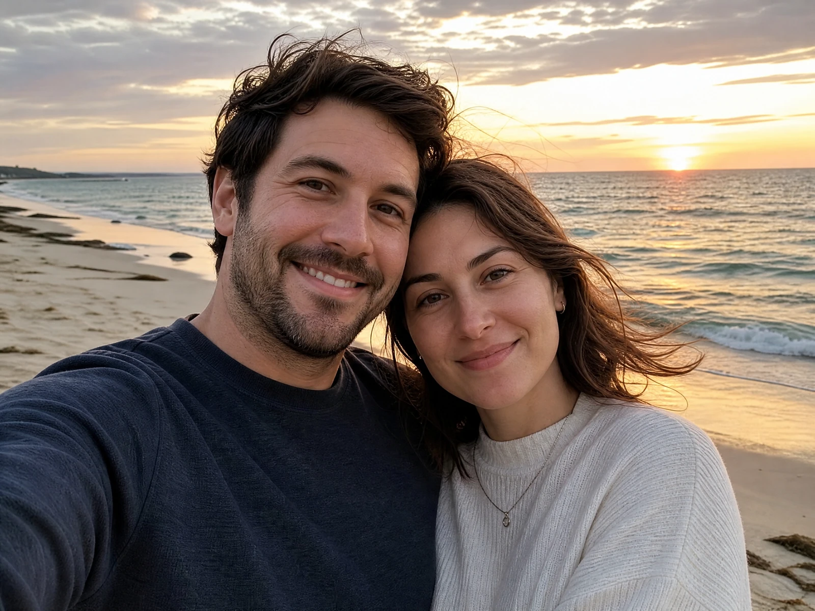 Beach travel selfie, shown with an original fictional adult couple