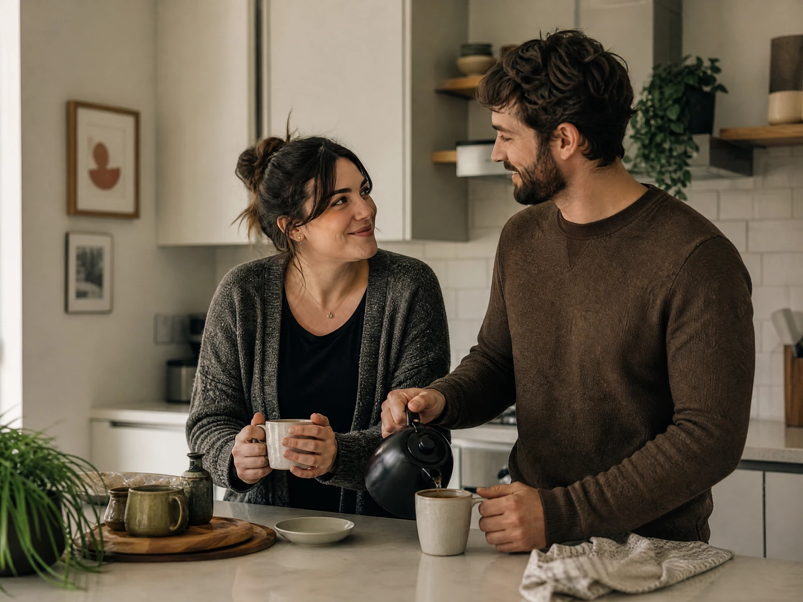 Quiet time at home, shown with an original fictional adult couple
