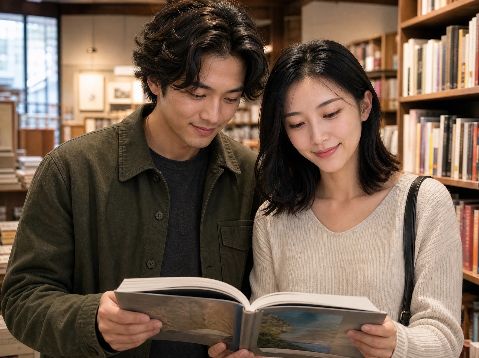 Fictional adult couple browsing together in a bookstore