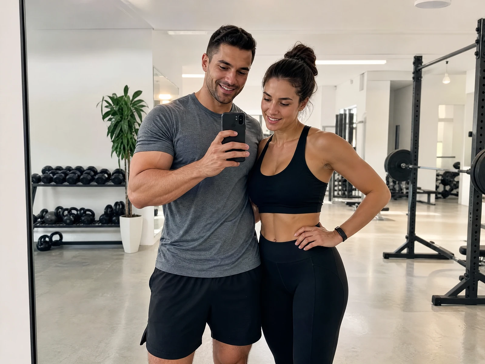Gym mirror moment, shown with an original fictional adult couple