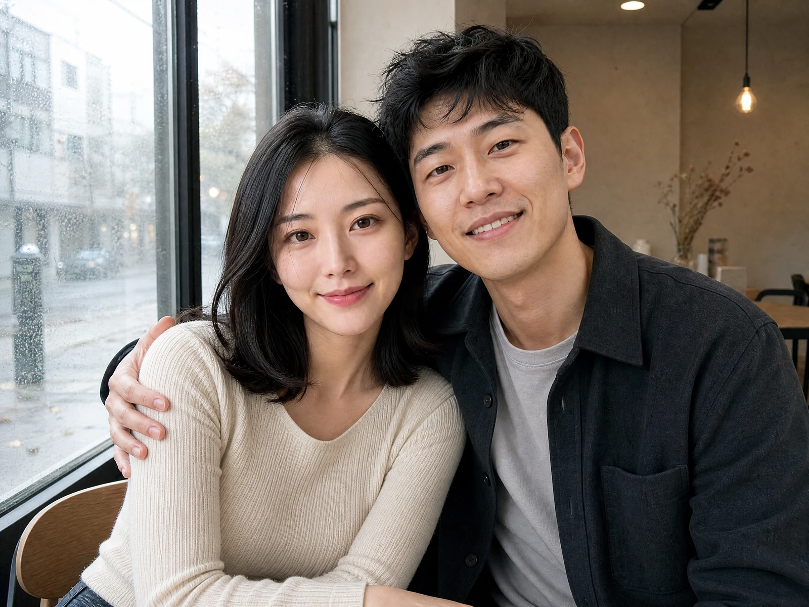 Original fictional adult couple sitting together beside a rainy cafe window