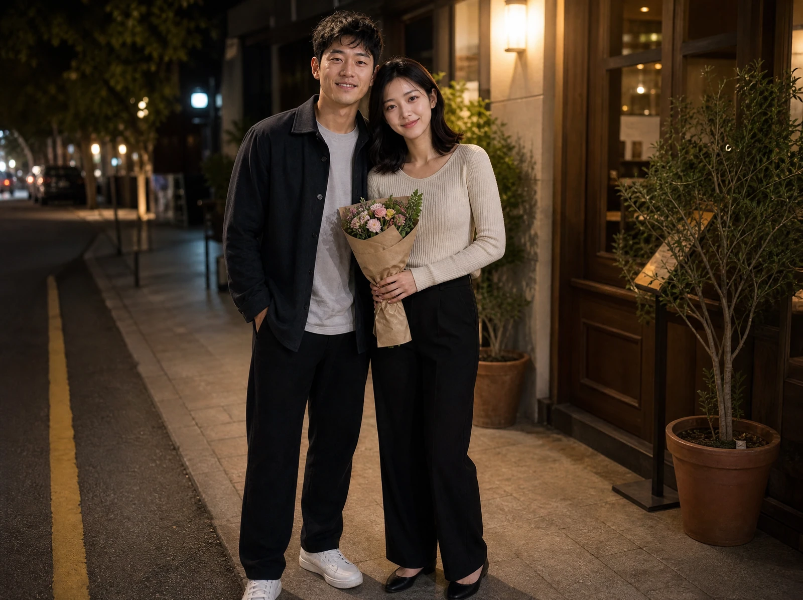 Fictional adult man giving flowers to his partner outside a restaurant