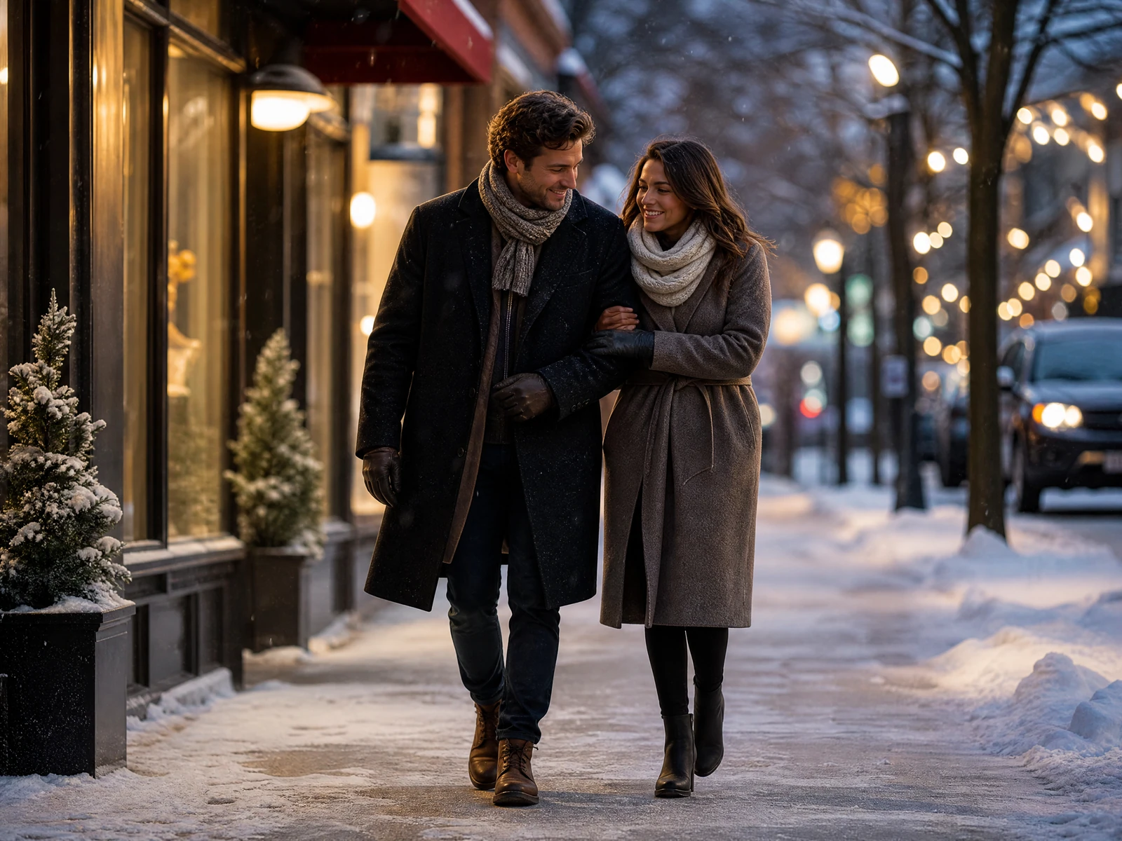Winter city walk, shown with an original fictional adult couple
