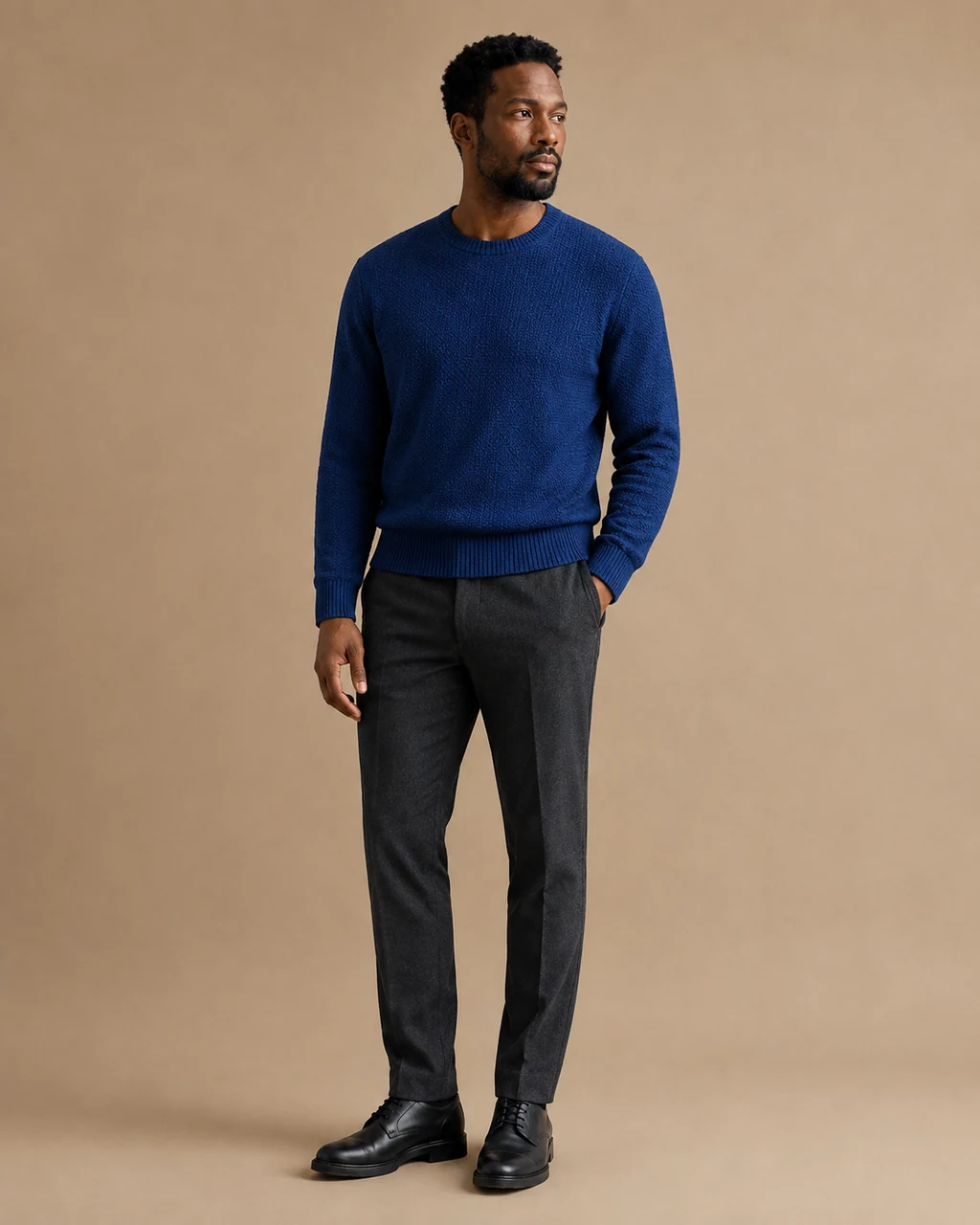 Fictional adult in a cobalt knit outfit generated from the source photo