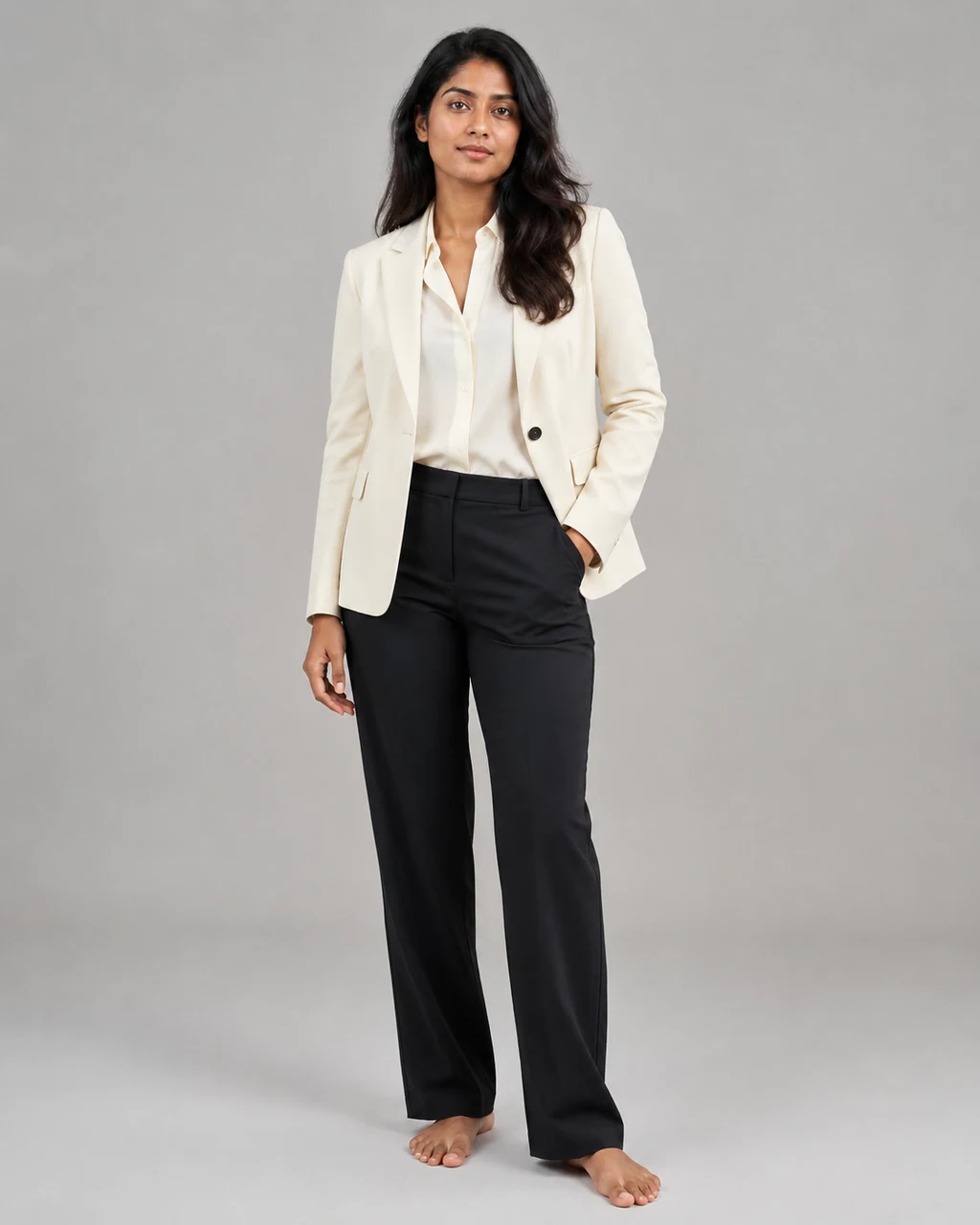 Fictional adult in a refined ivory tailored blazer generated from the source photo