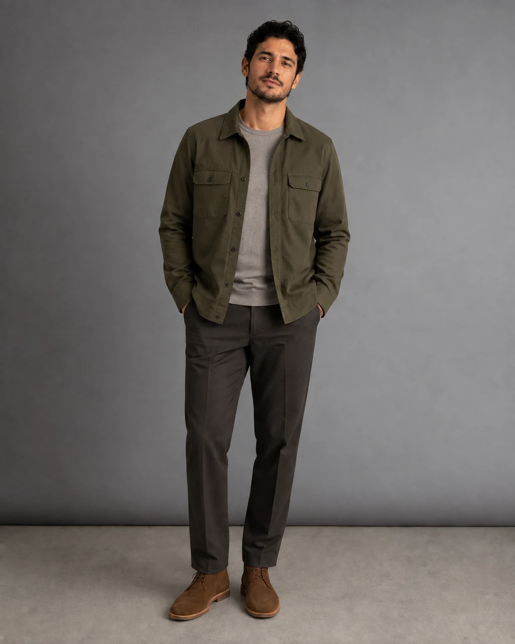 Fictional adult in an olive utility overshirt generated from the source photo