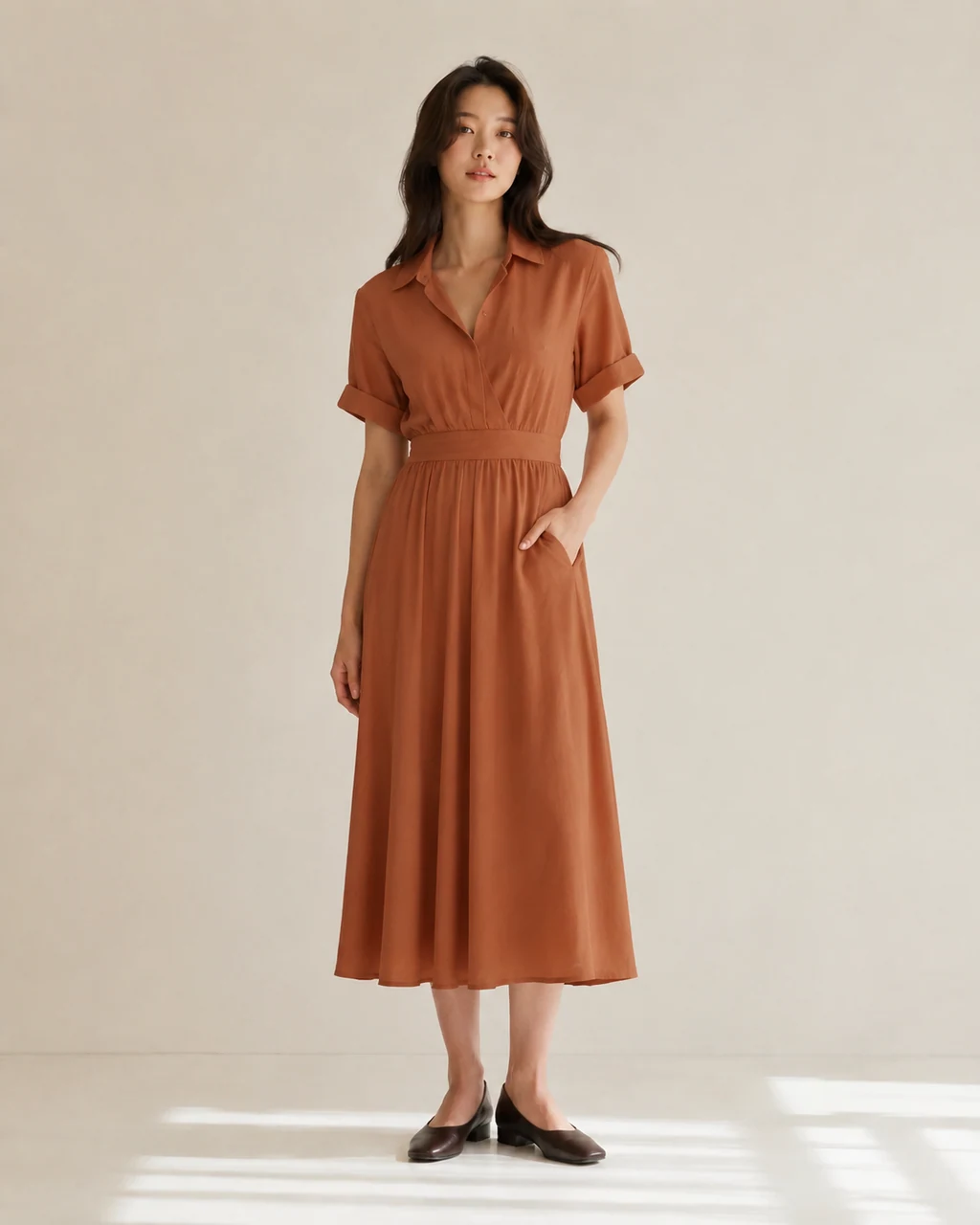 Fictional adult in a rust-colored midi dress generated from the source photo