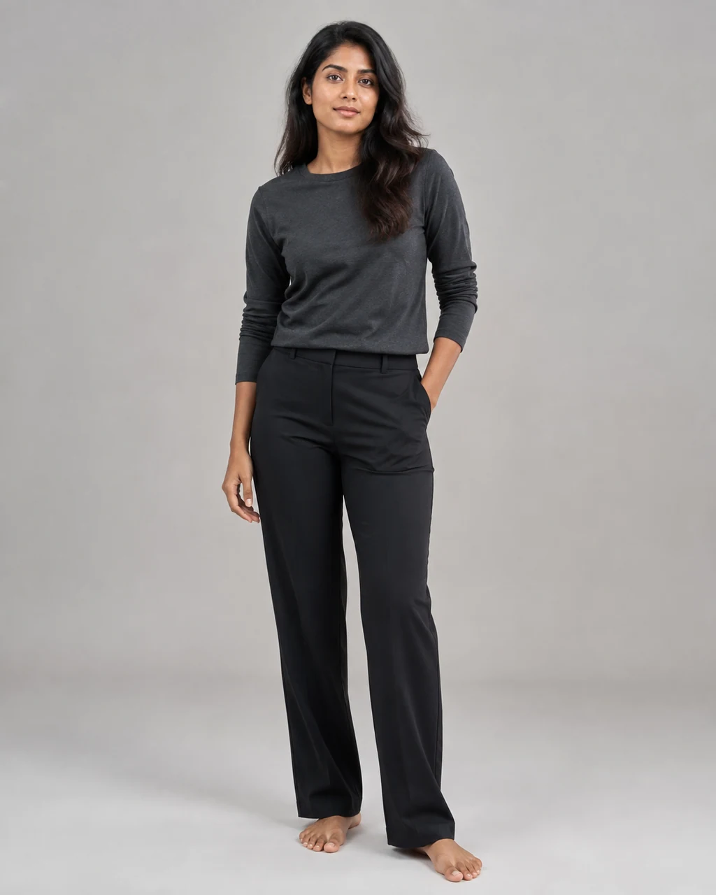 Fictional adult source photo wearing a charcoal crewneck top