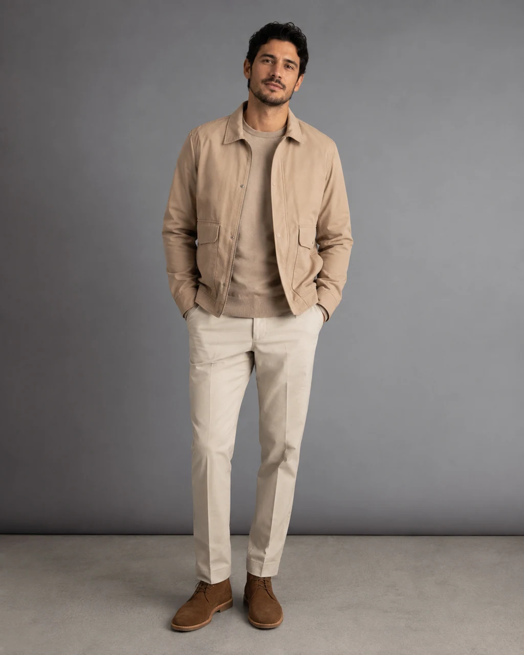 Fictional adult source photo wearing a sand-colored casual jacket