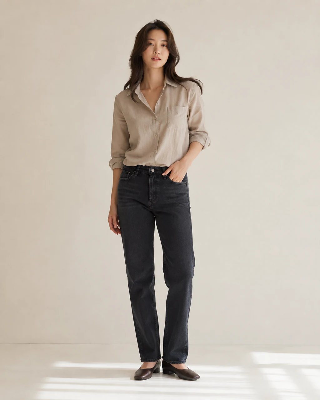 Fictional adult source photo wearing a stone-colored casual shirt