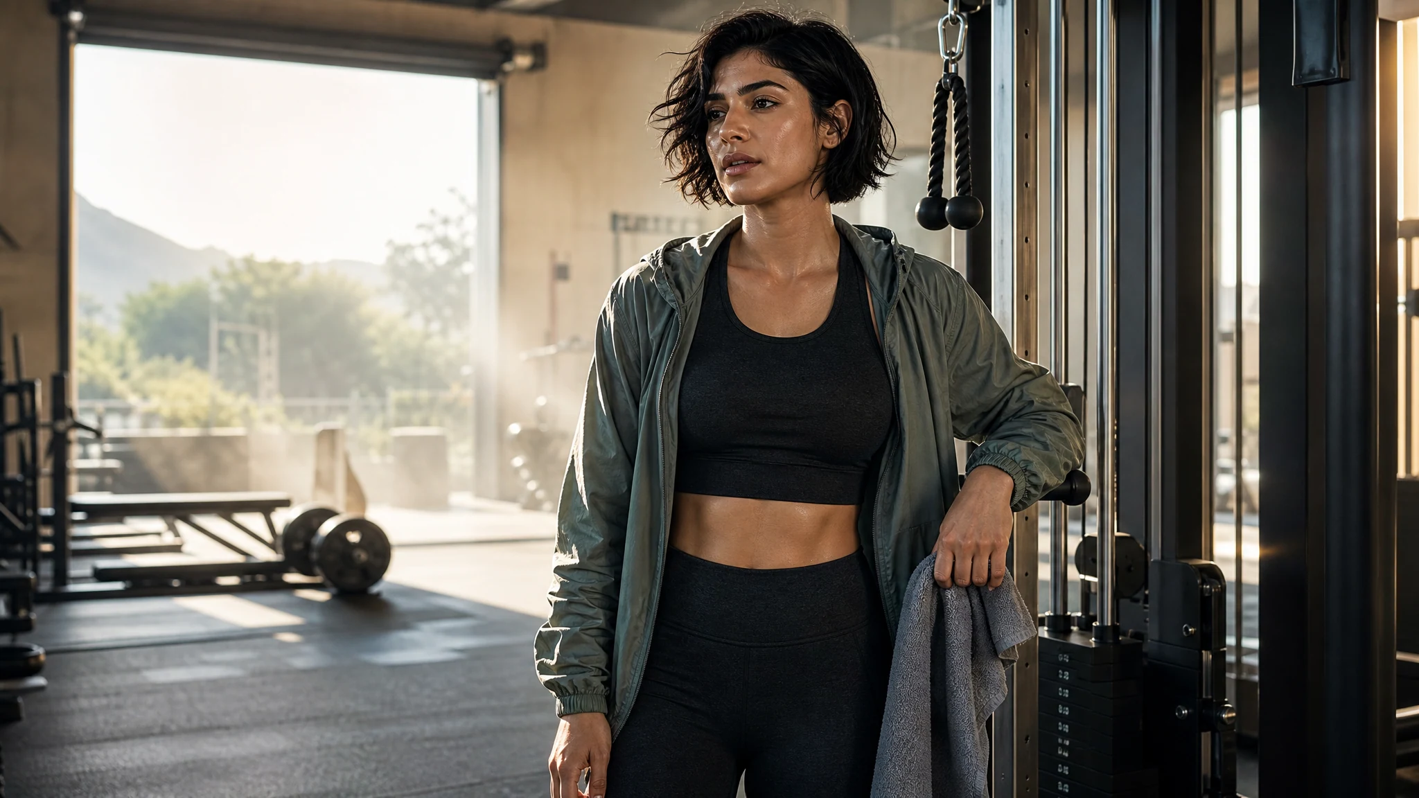 A fictional adult fitness creator in a bright gym between strength-training sets.