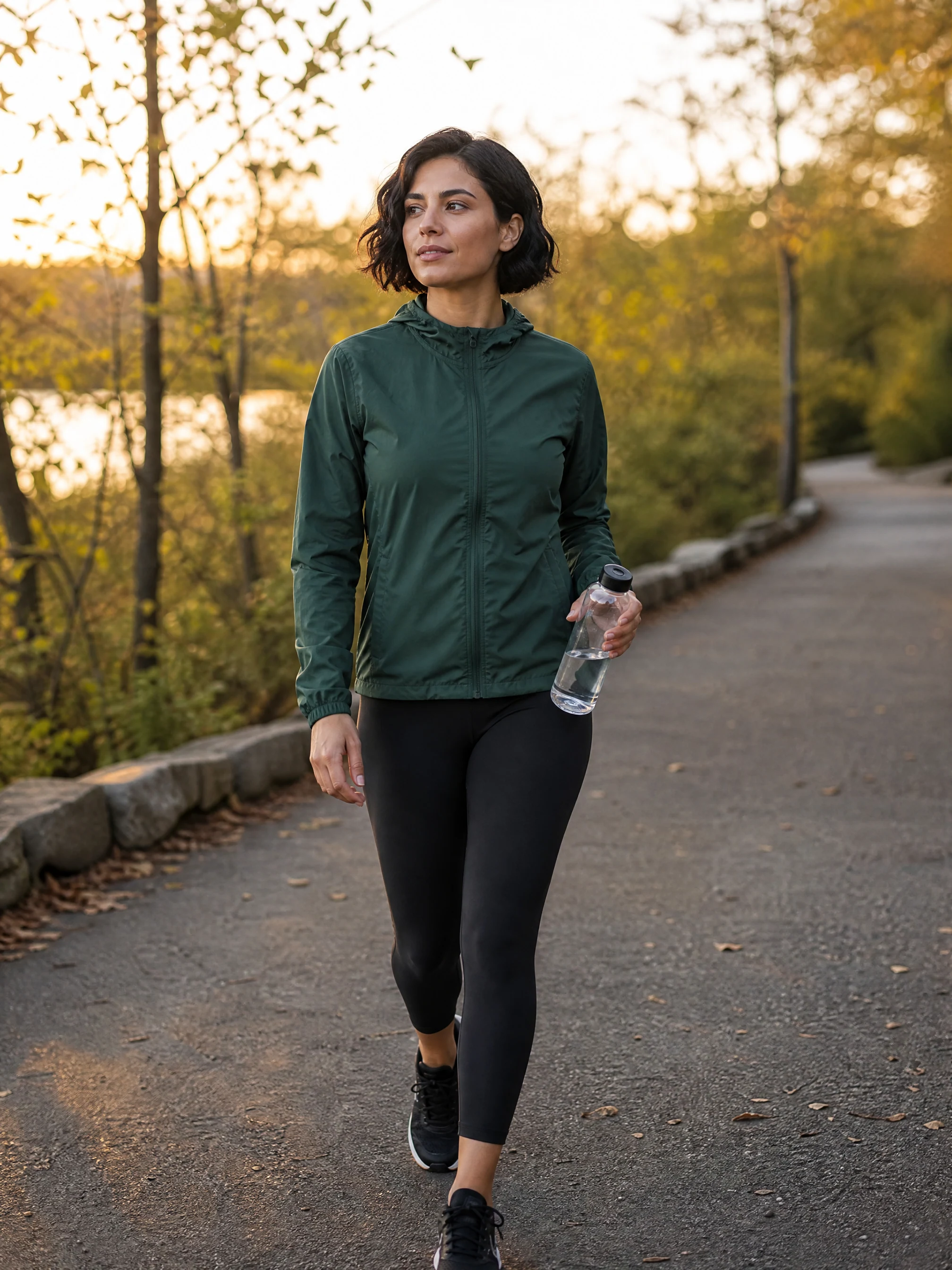 The same fictional adult fitness creator walking outdoors after a run with an unbranded water bottle.
