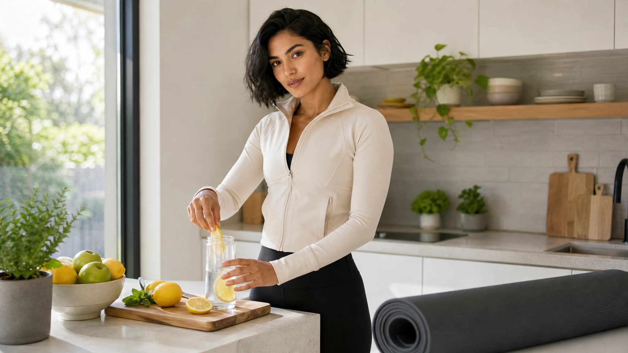 The same fictional adult fitness creator preparing a hydration-focused wellness scene in a bright kitchen.