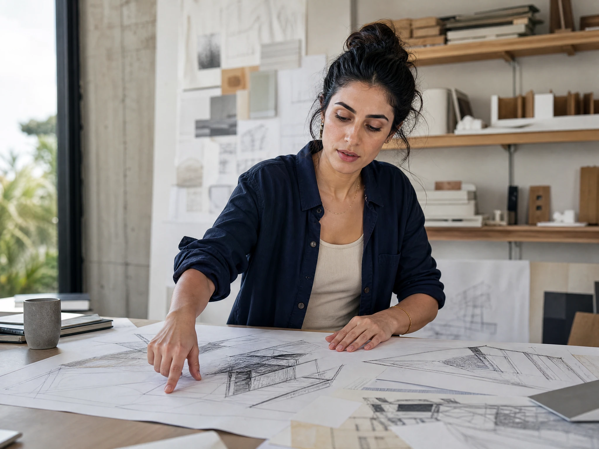 Fictional adult Middle Eastern woman architect reviewing sketches in a studio.